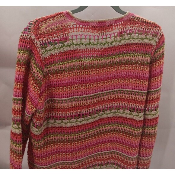 Norm Thompson Vintage Pink Green Red Striped Open Knit Crocheted Cardigan Size M - Picture 7 of 7